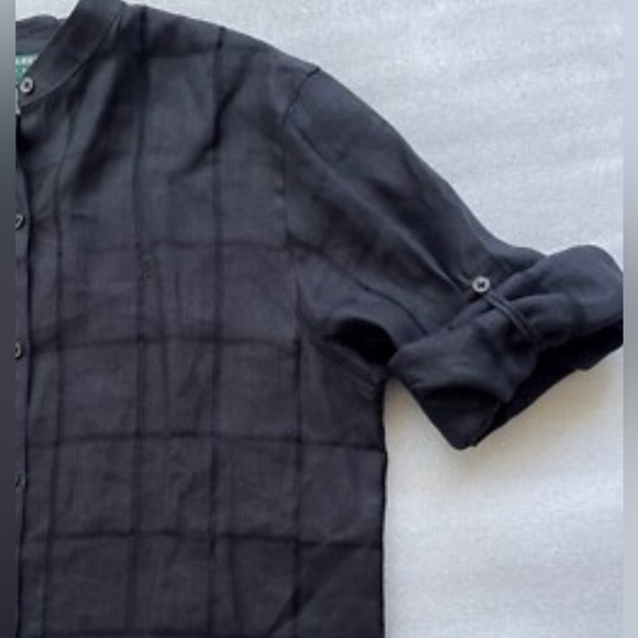 LRL 100% Black Linen Blouse Button Down Mandarin Collar Women’s PS Roll Tab Work - Picture 11 of 11